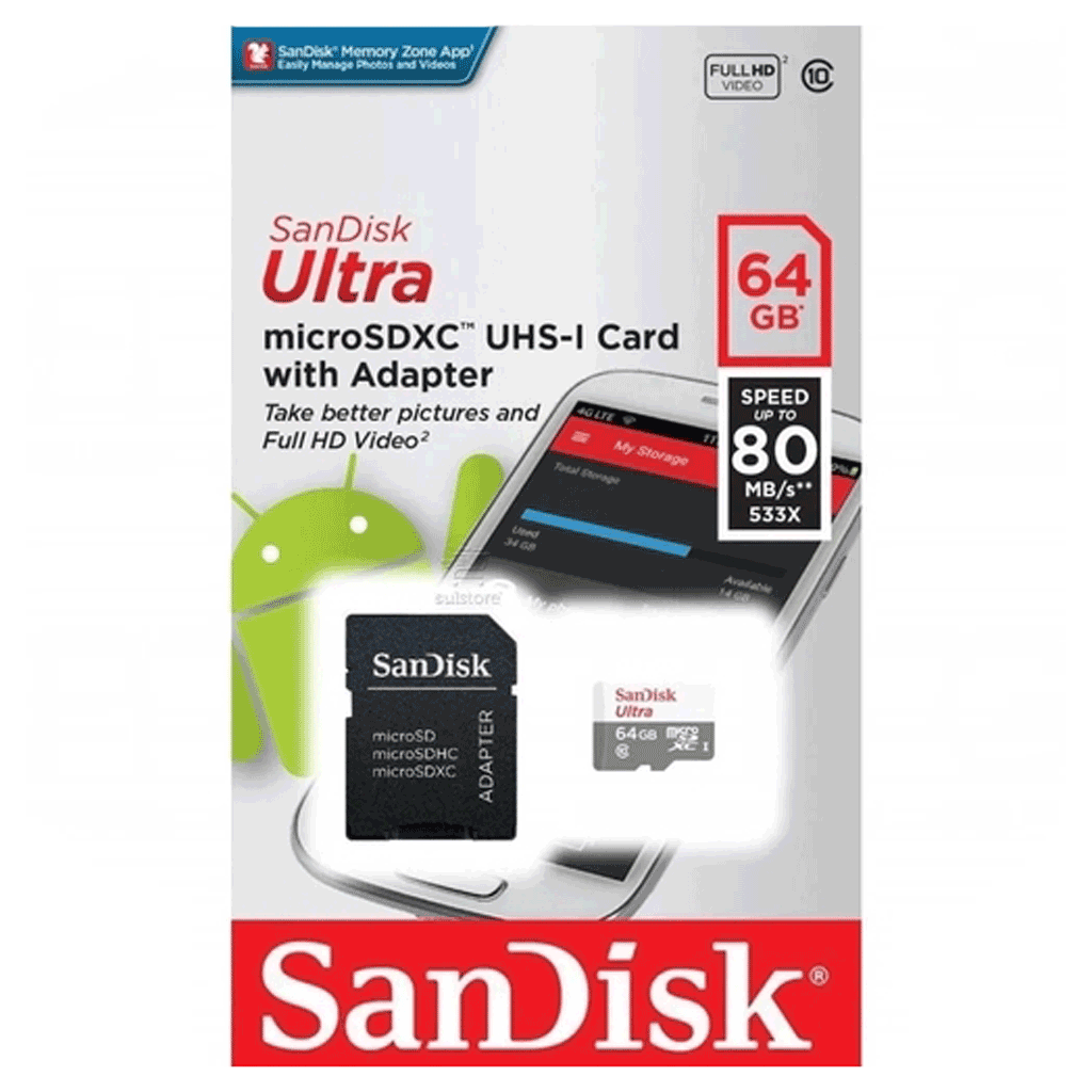 Cartão de Memória Sandisk Ultra 64GB Classe 10 80MB/S 533X Microsdxc UHS-I com Adaptador