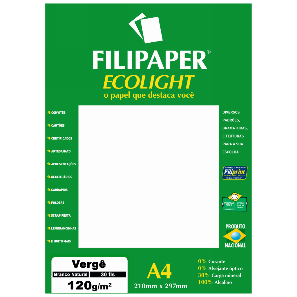 PAPEL FILIPAPER VERGE ECOLIGHT 120GRS BRANCO NATURAL R.2084