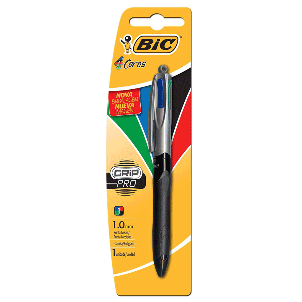 Caneta Esferográfica Retrátil BIC 4 Cores Grip Pró Ponta Média 1.0mm BT/1