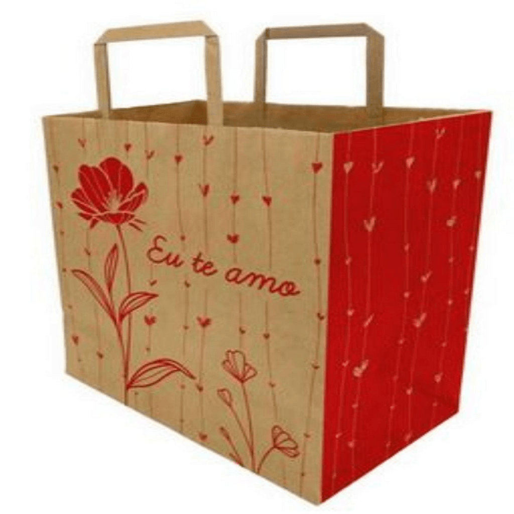 SACOLA DE PAPEL KRAFT M 24X28X13 FLOR E CORACOES